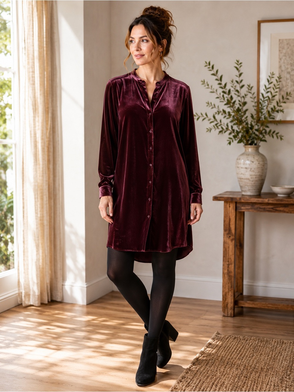Eileen Fisher Velvet Shirt Dress Mandarin Collar Silk Blend Burgandy Cassis M